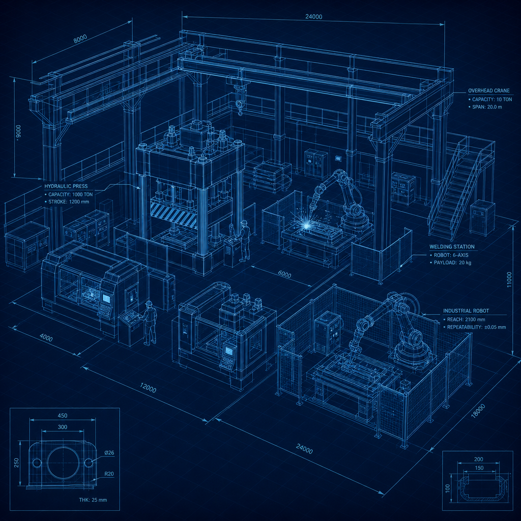 Zaplecze produkcyjne HYDROTECH — schemat hali, maszyn CNC i prasy hydraulicznej